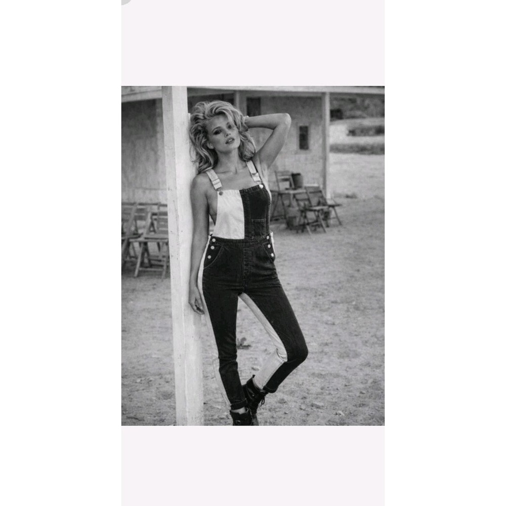 Vtg‎ Guess Denim Overalls Color Block Black White Women's Sz 24